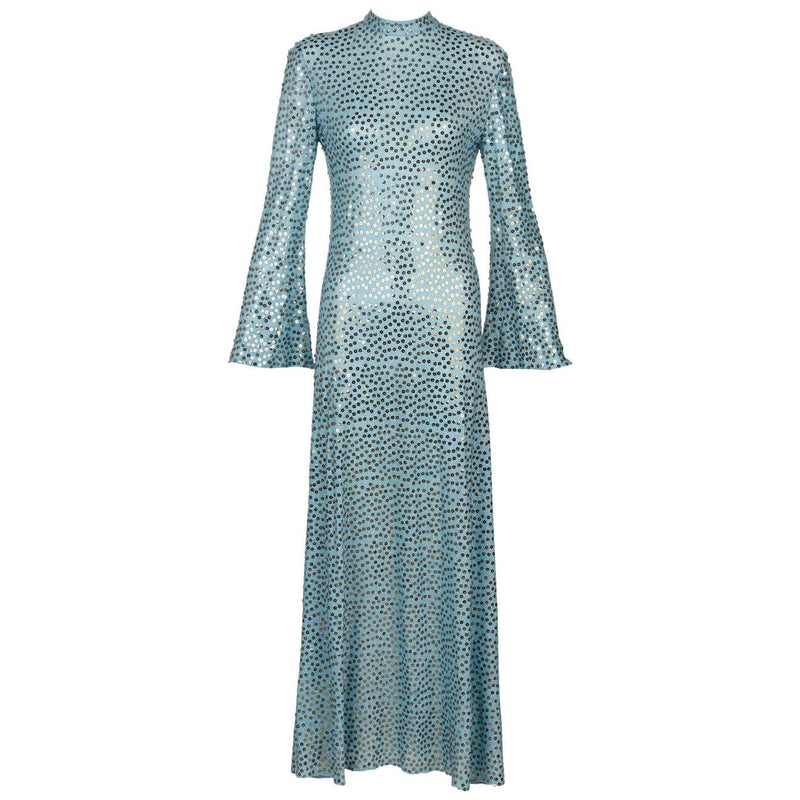 Mollie Parnis Silver Sequin Ice Blue Knit Lame Jersey Dress, 1970s