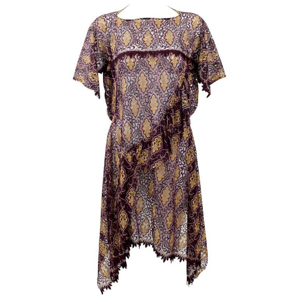 Junya Watanabe Comme des Garçons Burgundy Purple Gold Lace Kimono Sleeve Dress