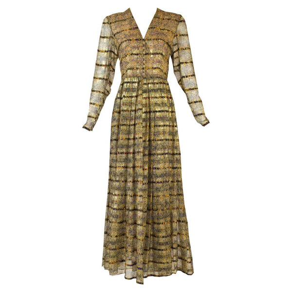 1970s Bergdorf Goodman Silk and Gold Metallic Print Dress