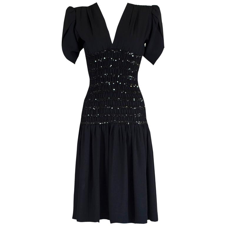 1980s Yves Saint Laurent Black Crepe and Sequin Waist Dress