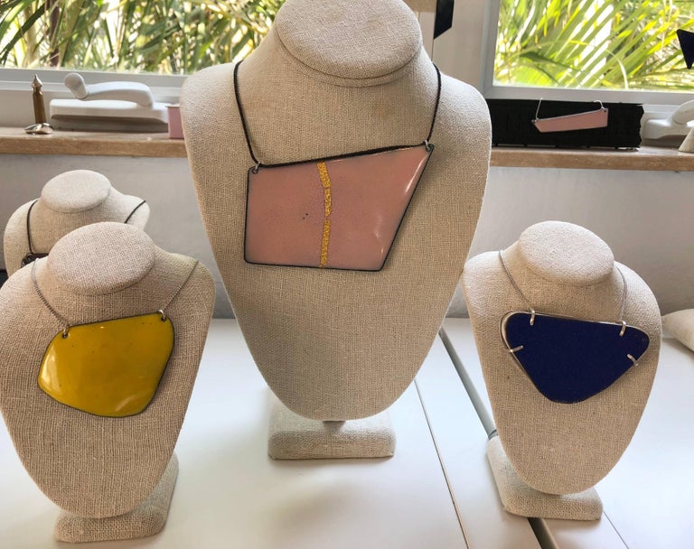 Michel McNabb for Basha Gold Reversible Blue and Pink Quadrilateral Necklace