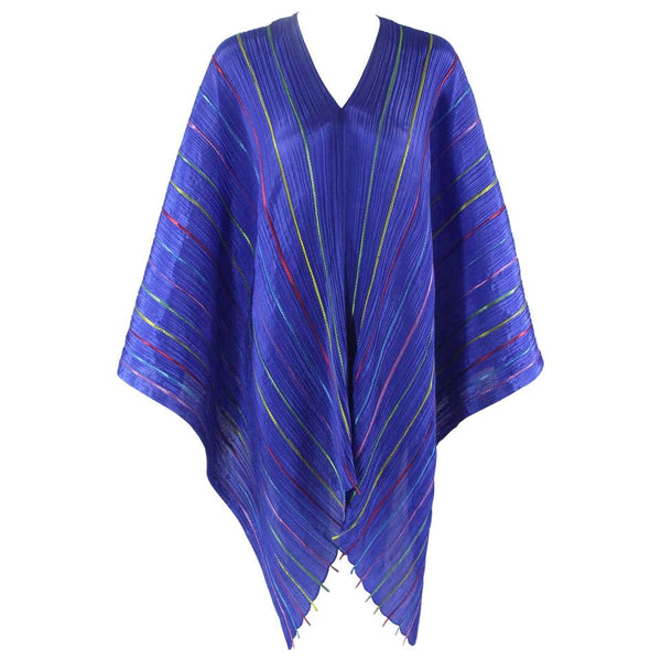 Issey Miyake "Pleats Please" Blue Colorful Ribbon Stripe Shawl Poncho Cape Dress