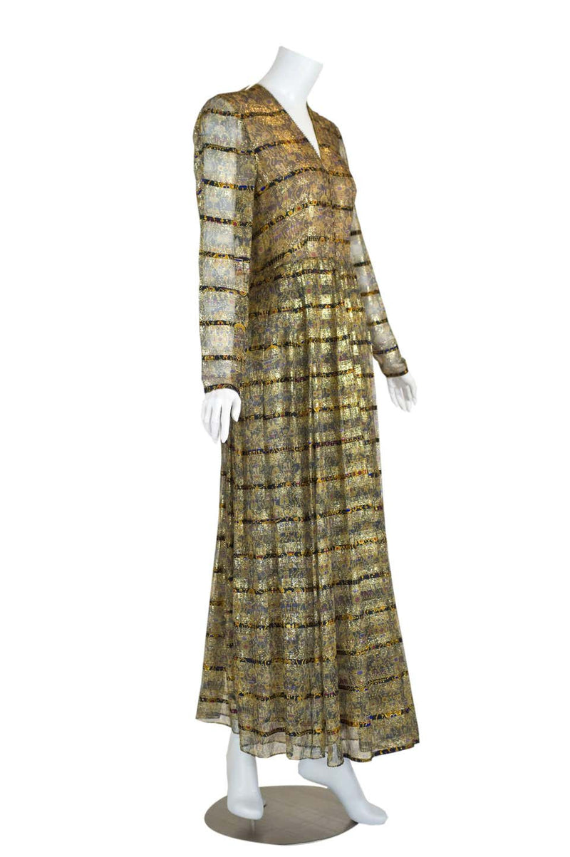 1970s Bergdorf Goodman Silk and Gold Metallic Print Dress