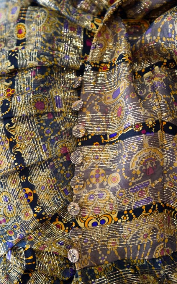 1970s Bergdorf Goodman Silk and Gold Metallic Print Dress