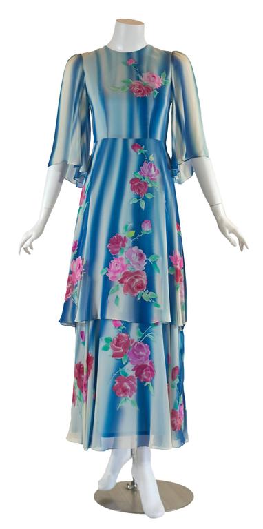 1970s Blue and White Painted Silk Chiffon Floral Layered Angel Sleeve Dress