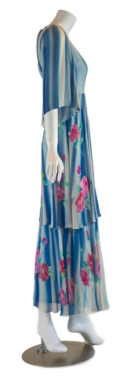 1970s Blue and White Painted Silk Chiffon Floral Layered Angel Sleeve Dress