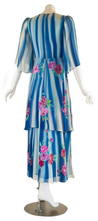 1970s Blue and White Painted Silk Chiffon Floral Layered Angel Sleeve Dress