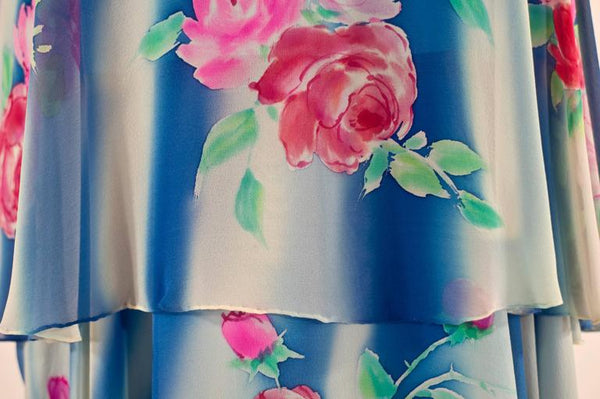 1970s Blue and White Painted Silk Chiffon Floral Layered Angel Sleeve Dress
