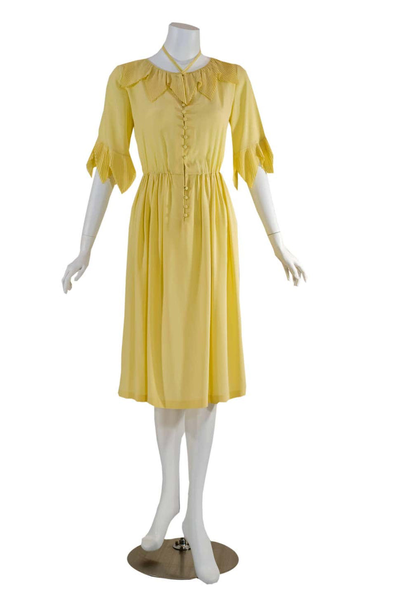 Karl Lagerfeld for Chloé Soft Yellow Silk Accordion Pleat Collar Dress, 1970s