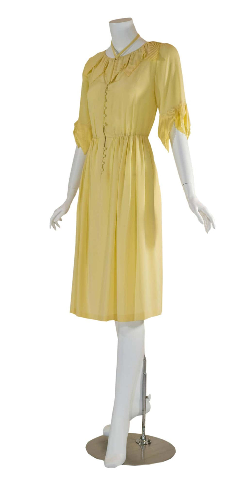 Karl Lagerfeld for Chloé Soft Yellow Silk Accordion Pleat Collar Dress, 1970s