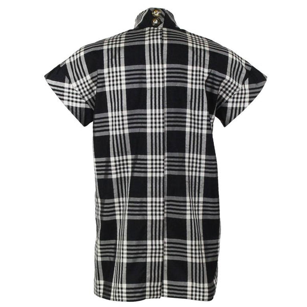 1970s Chanel Haute Couture Black and White Plaid Raw Silk Top Blouse