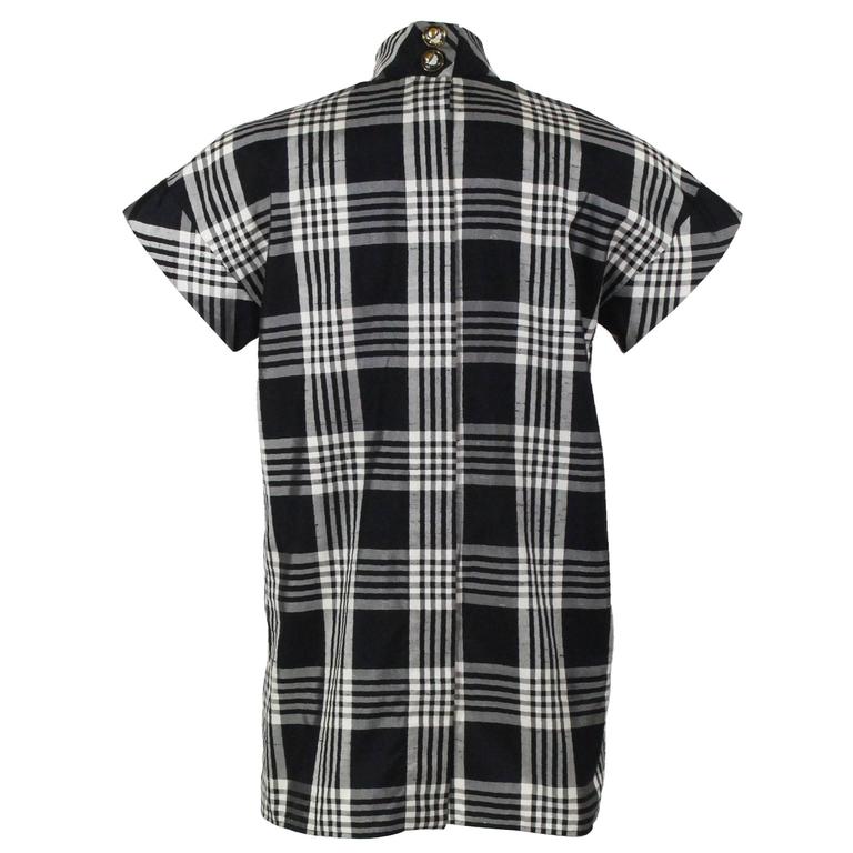 1970s Chanel Haute Couture Black and White Plaid Raw Silk Top Blouse