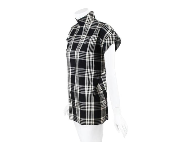 1970s Chanel Haute Couture Black and White Plaid Raw Silk Top Blouse