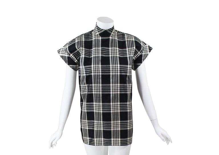 1970s Chanel Haute Couture Black and White Plaid Raw Silk Top Blouse