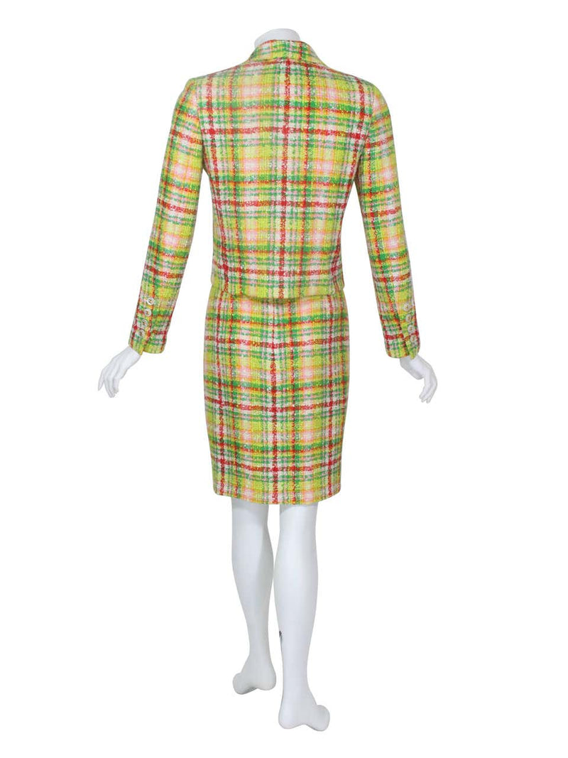 1990s Chanel Green Plaid Boucle Skirt Suit