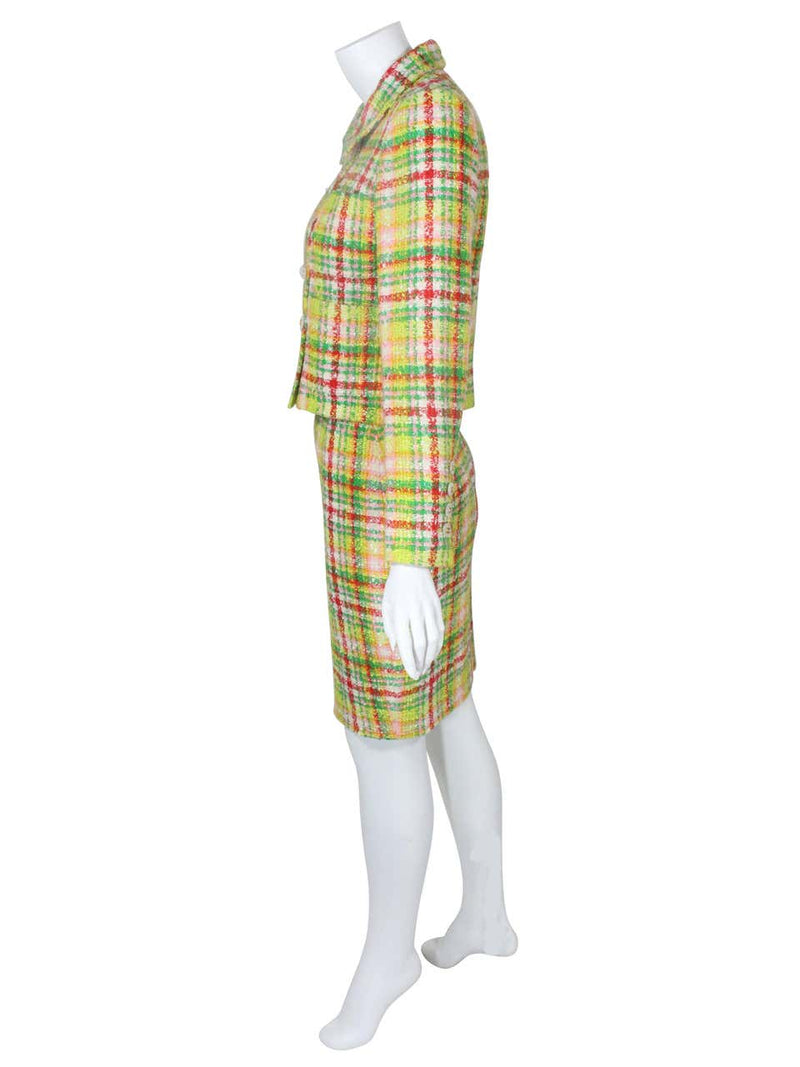 1990s Chanel Green Plaid Boucle Skirt Suit