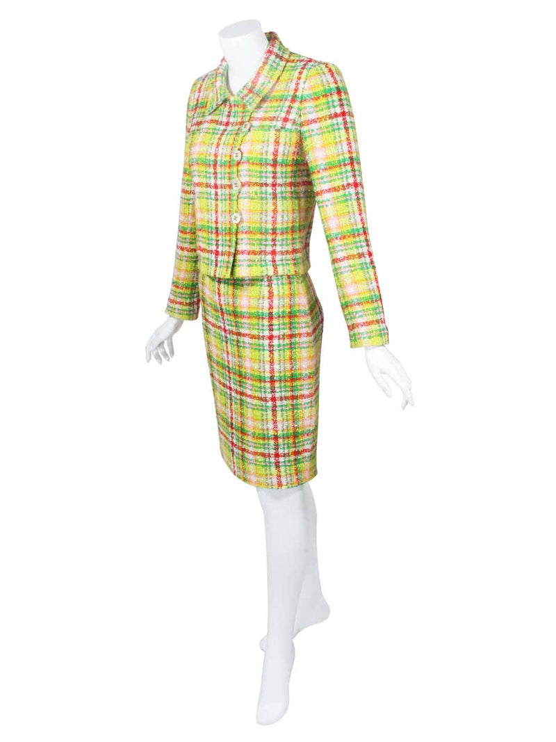 1990s Chanel Green Plaid Boucle Skirt Suit