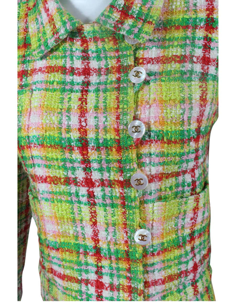 1990s Chanel Green Plaid Boucle Skirt Suit