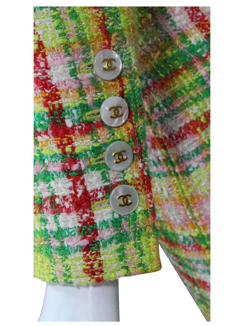 1990s Chanel Green Plaid Boucle Skirt Suit