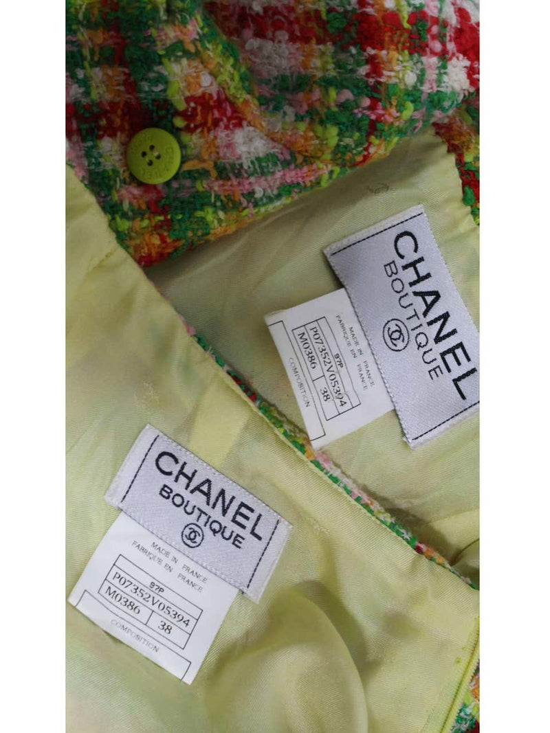 1990s Chanel Green Plaid Boucle Skirt Suit
