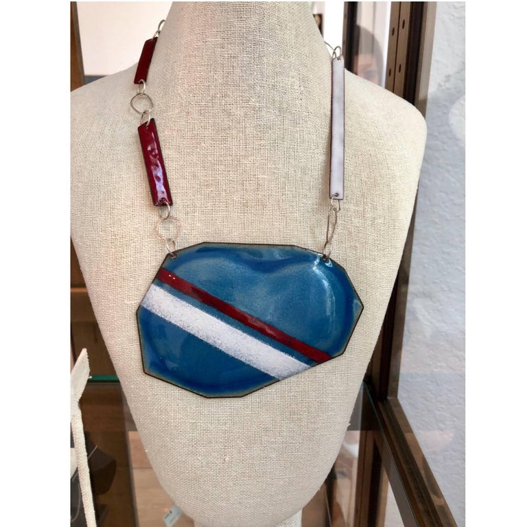 Michel McNabb for Basha Gold Blue Bean Sugar Coat Stripe Enamel Silver Necklace