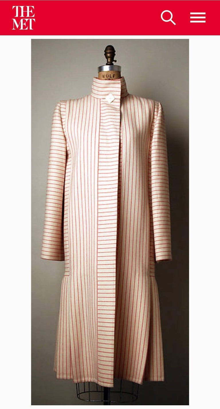 1990s Pauline Trigere creme and Navy Striped Wool Twill Coat Skirt Suit