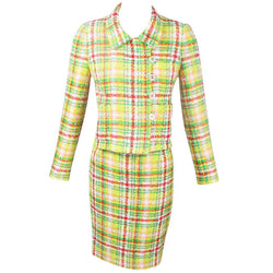1990s Chanel Green Plaid Boucle Skirt Suit