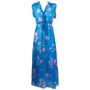 1970s Zandra Rhodes Blue and Pink Seashell Print Sleeveless Caftan Dress