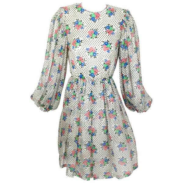 Galanos Floral Dot print Billow Sleeve Cut-Out Dress, 1970s