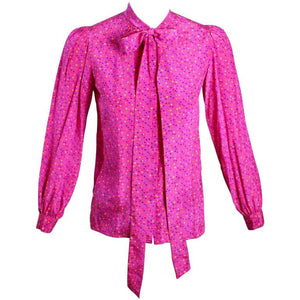 1970s Yves Saint Laurent Pink Confetti Print Silk Bow Tie Blouse YSL