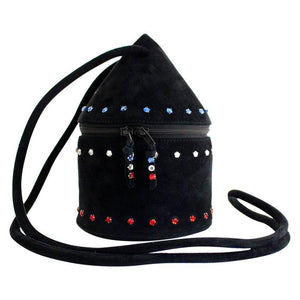 1980s Maud Frizon Sculptural Black Suede Jeweled Evening Shoulder Bag