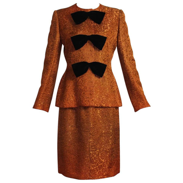 1990s Givenchy Numbered Haute Couture Silk Brocade Black Velvet Bow Skirt Suit