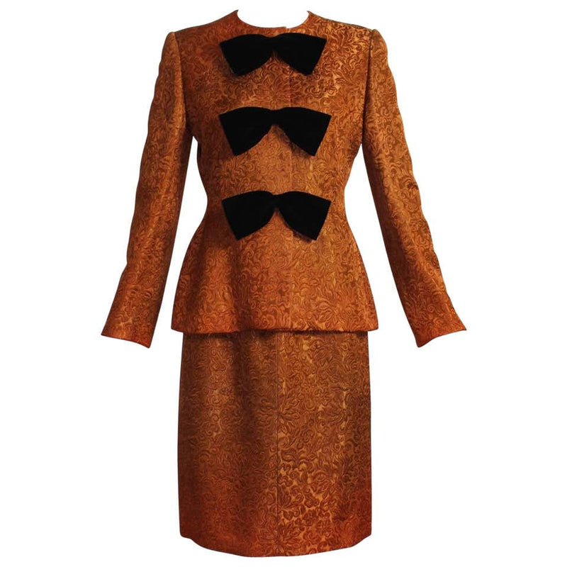 1990s Givenchy Numbered Haute Couture Silk Brocade Black Velvet Bow Skirt Suit