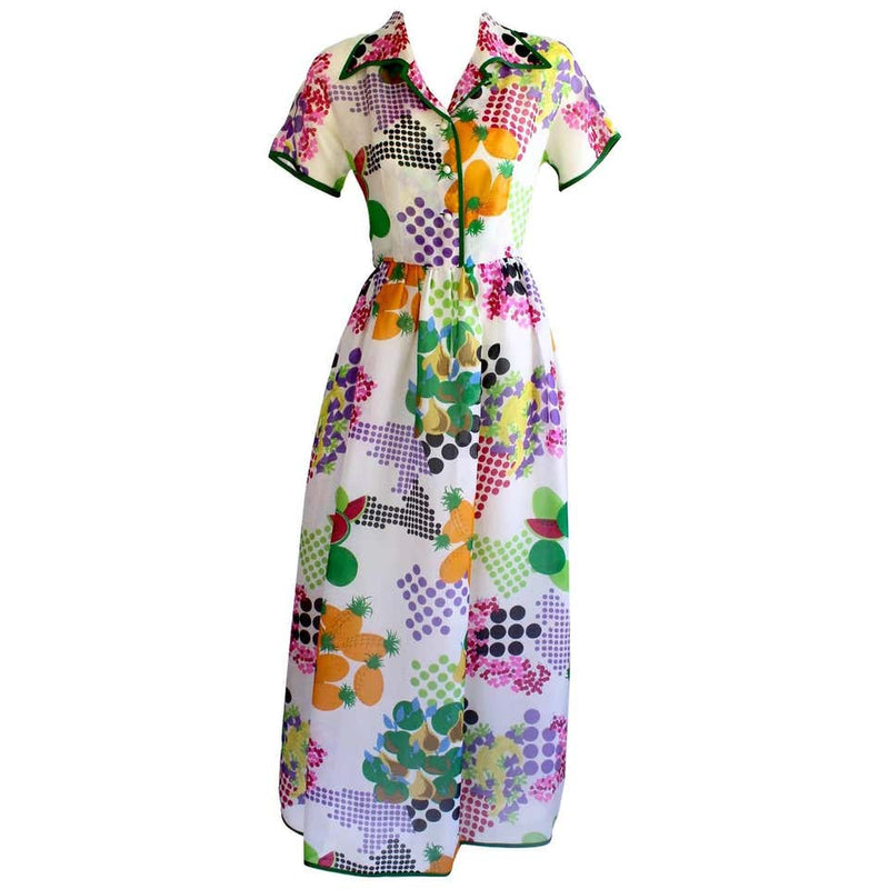 Nina Ricci Boutique Fruit and Dots Multicolor Print Silk Organza Dress, 1970s