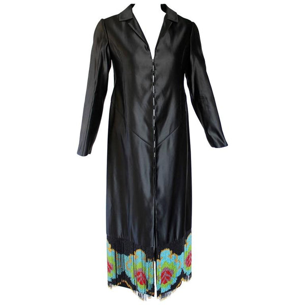 Custom Couture Black Silk Evening Dress Coat with Antique French Beaded Trim