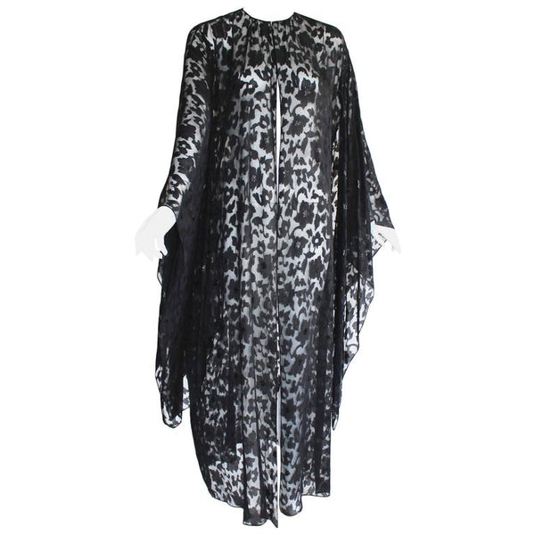 Nina Ricci Couture Black Floral Devoré Silk Kimono Sleeve Caftan Dress