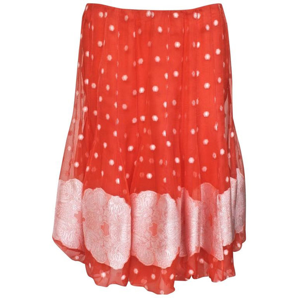 Nina Ricci Tangerine and White Floral Embroidery Silk Skirt