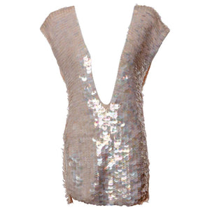 1960s Sleeveless Plunge Neck Iridescent Pink Paillette Tunic Top Mini Dress