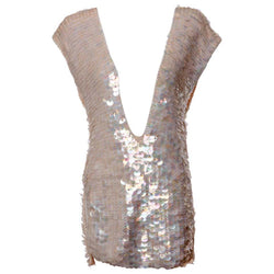 1960s Sleeveless Plunge Neck Iridescent Pink Paillette Tunic Top Mini Dress