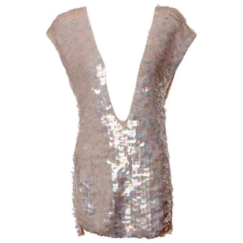 1960s Sleeveless Plunge Neck Iridescent Pink Paillette Tunic Top Mini Dress