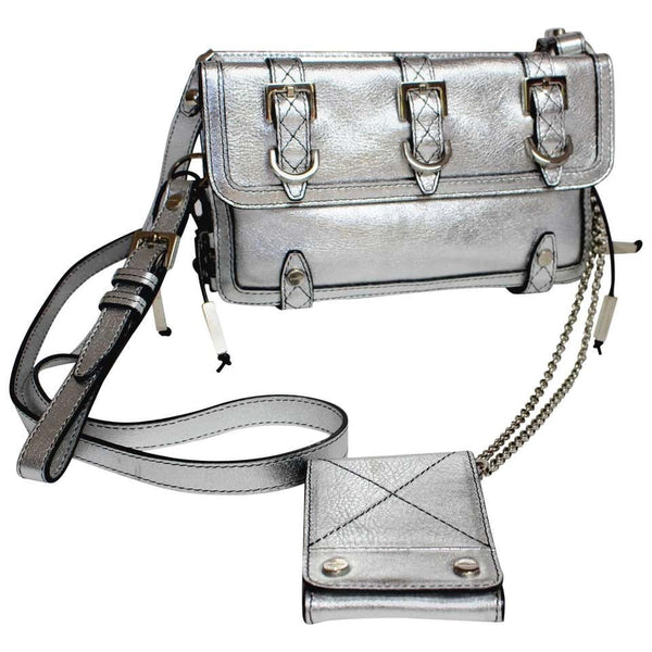 Givenchy Silver Leather Corset Detail Mini Biker Cross Body Chain Bag Purse