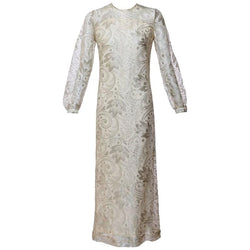 1960s Anonymous Silver Lace Long Sleeve Column Evening Dress Gown