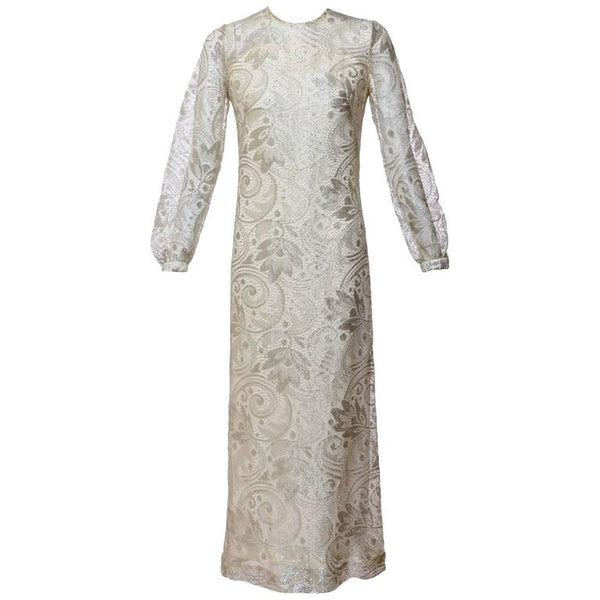 1960s Anonymous Silver Lace Long Sleeve Column Evening Dress Gown