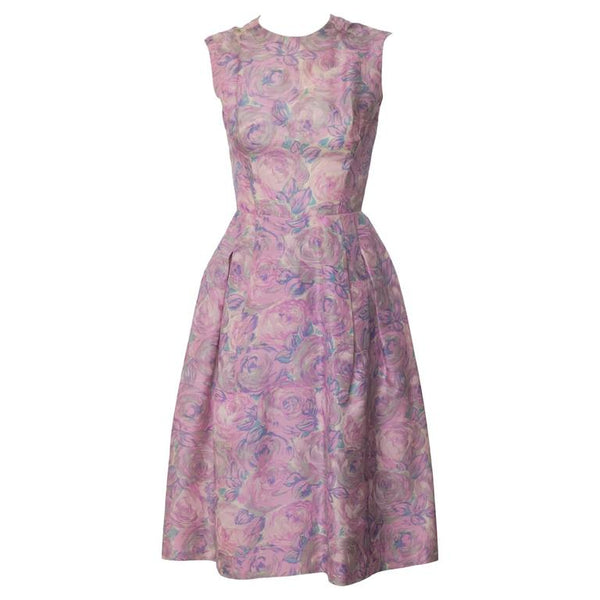 1950s Hattie Carnegie Silk Floral Print Watercolor Nipped Waist Dress