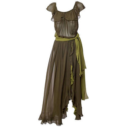 Vintage Yves Saint Laurent Green Silk Chiffon Ruffled Goddess Evening Basha Gold Vintage Yves Saint Laurent Green Silk Chiffon Ruffled Goddess Evening Basha Gold