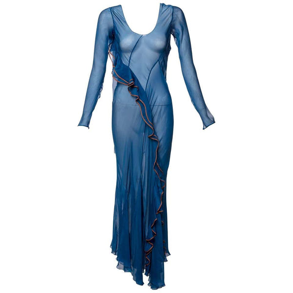Alberta Ferretti Sheer Silk Lapis Blue Ruffle Draped Maxi Dress