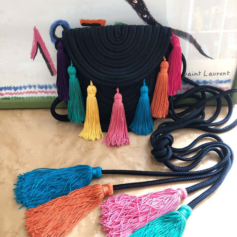 1990s Yves Saint Laurent Black Passementerie Tassel Shoulder Belt Bag YSL