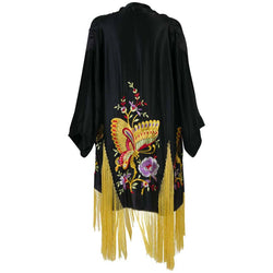 1920s Art Deco Silk Floral Embroidered Hand Knot Fringe Kimono Jacket