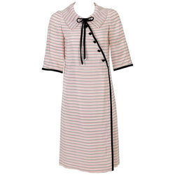 Tiziani Couture By Karl Lagerfeld Ivory Mod Stripe Doll Collar Silk Dress, 1960s