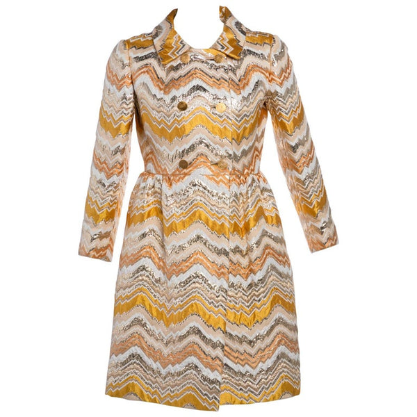 Bill Blass for Maurice Rentner Mod Metallic Zigzag Stripes Coat Dress, 1960s